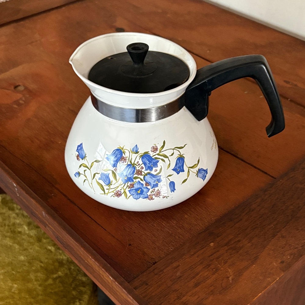 Corningware White Coffee Pot with Blue Floral Design